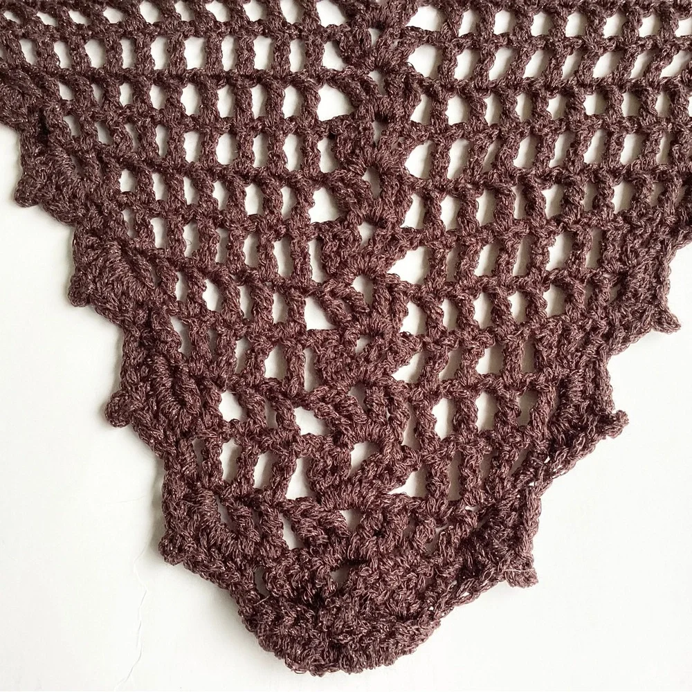 Scarf Triangle Cowl Shawl Hand Crafted Brown Gold Glitter Crochet Overlay